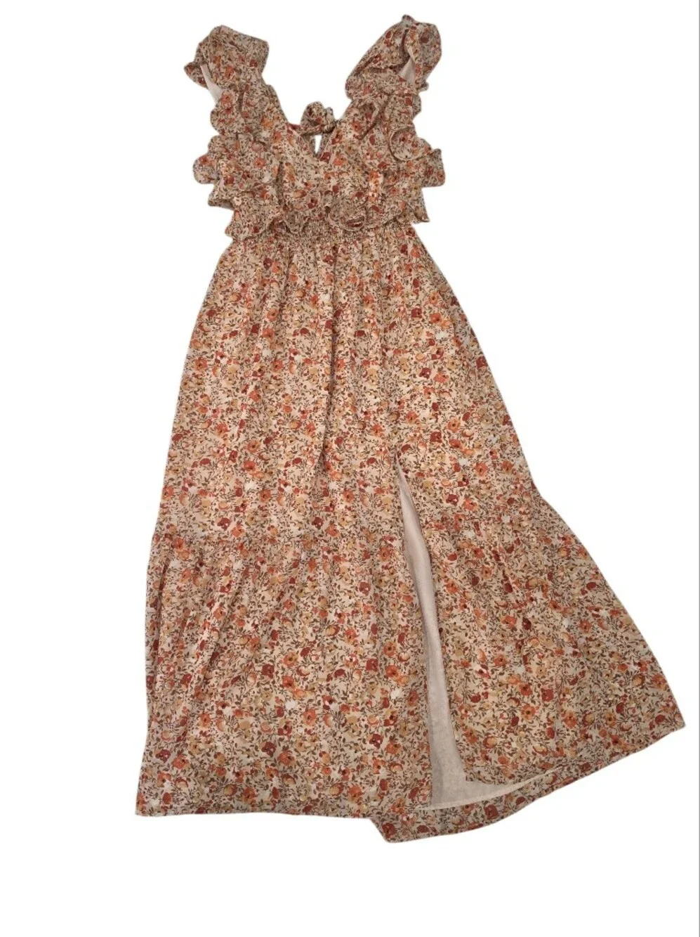 ASTR The Label Floral Midi Dress Orange Ruffle Open Back Tie Dress Size S